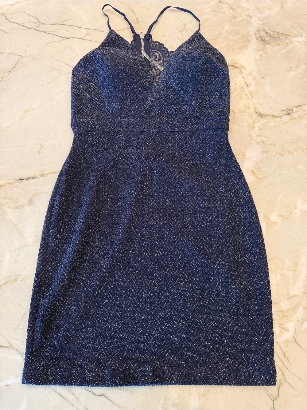Shimmery Navy Lace-Back Mini Dress